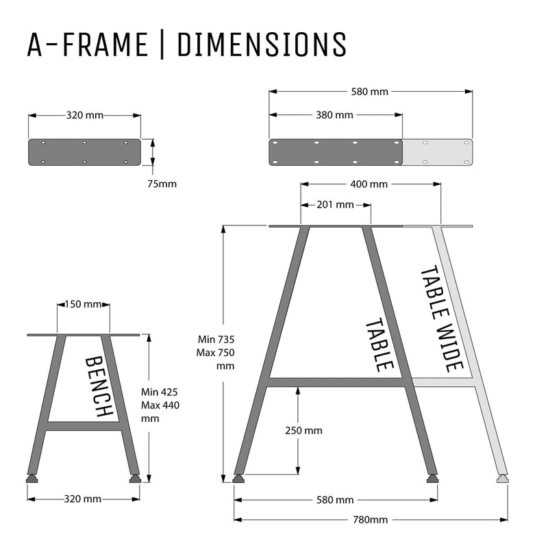 A-Frame Industrial legs, with Outdoor Hardware Pack | 71cm Table Wide