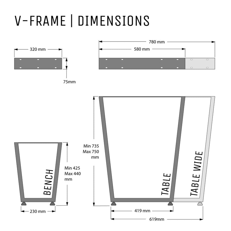 V-Frame Industrial legs, with Outdoor Hardware Pack | 71cm Table Wide