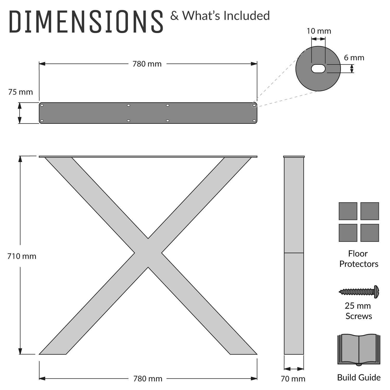Chunky-X Industrial Legs, for Desk & Dining Tables | 71 × 78cm, Set of 2