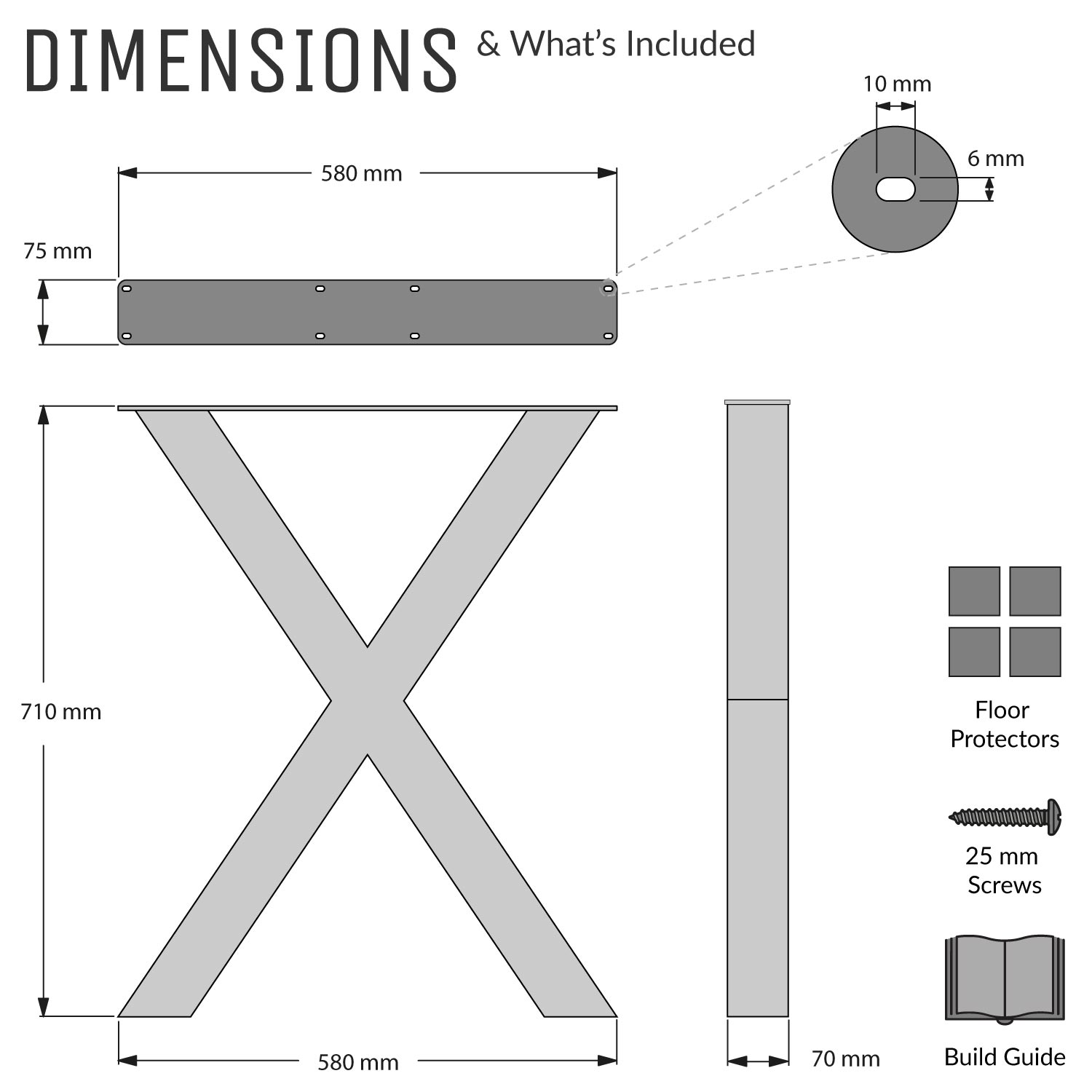 Chunky-X Industrial Legs, for Desk & Dining Tables | 71 × 58cm, Set of 2