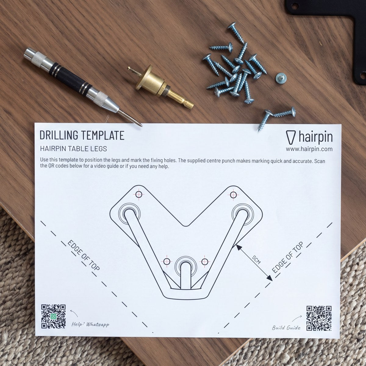Premium Drilling Kit with matching template, marking punch and depth-set countersink drill bit
